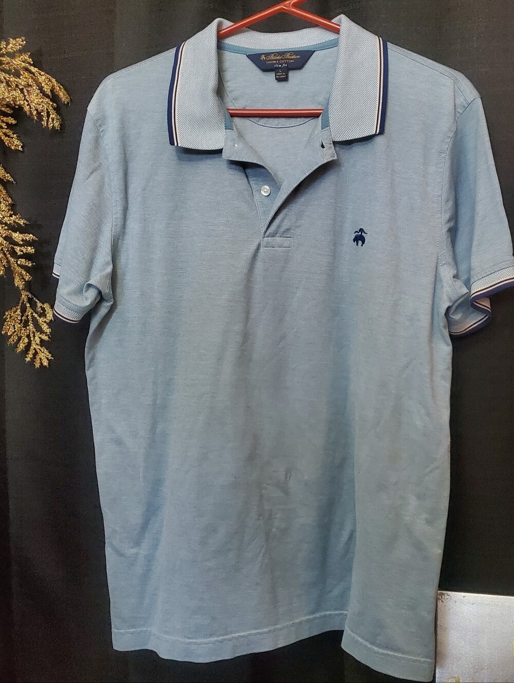 Brooks Brothers SZ LG Slim Fit Light Blue Men's Polo Shirt Contrast Collar